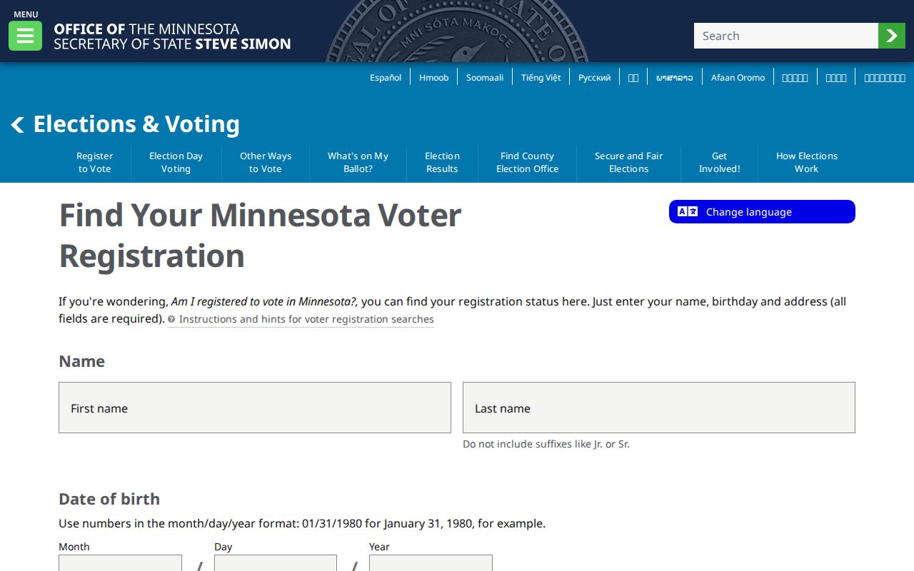 Minnesota Voter Status Check fields for name, date of birth, and Savage address